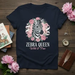 Zebra Queen Wild & Free t-shirt design featuring a zebra head in a floral wreath with text