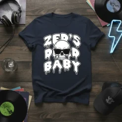 Zed's Dead Baby quote with a skull wearing sunglasses on a navy t-shirt design