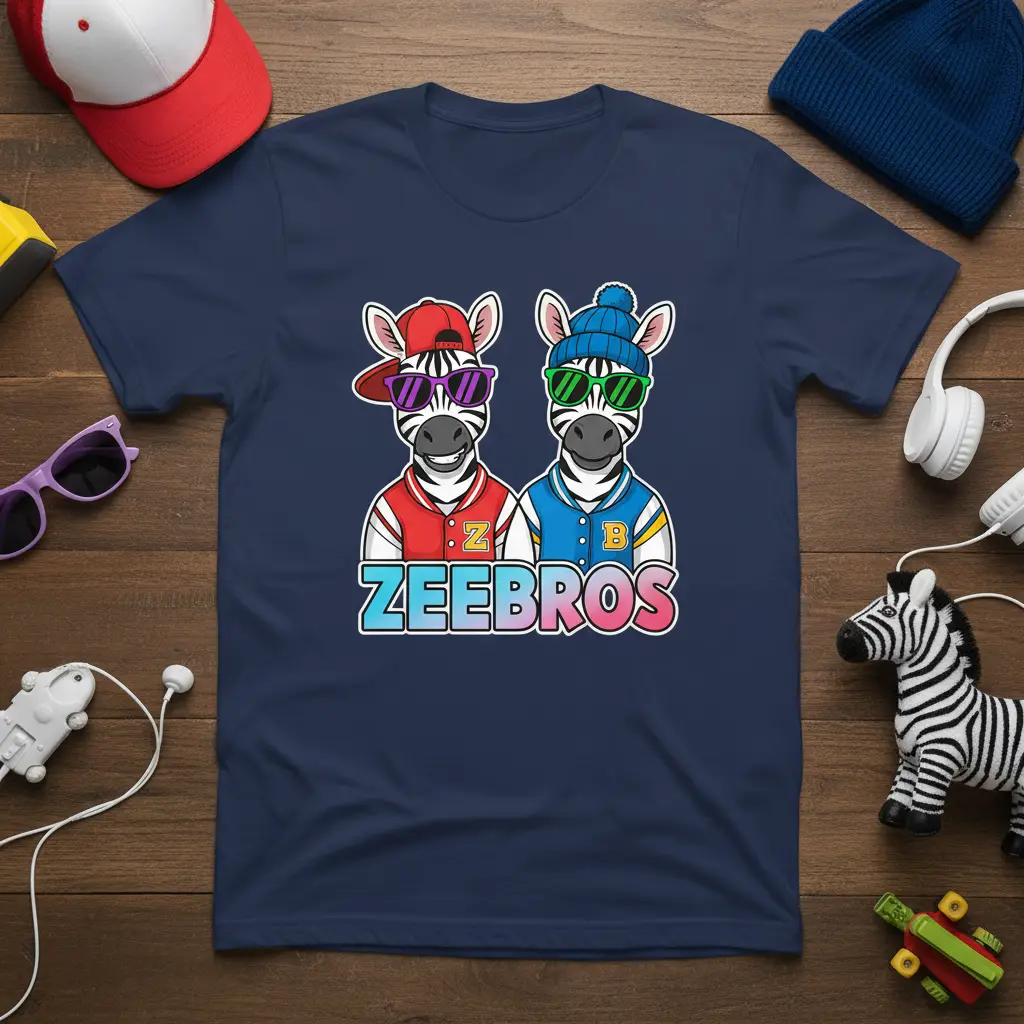 ZEEBROS graphic tee with two cool zebras wearing letterman jackets and sunglasses, showcasing sibling style
