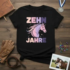 Black t-shirt with "ZEHN JAHRE" text and a colorful horse graphic, celebrating a 10th birthday