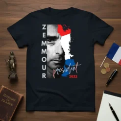 T-shirt featuring Zemmour president 2022 design with French flag colors and candidate's portrait