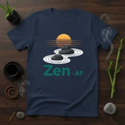 Zen AF t-shirt with Japanese rock garden graphic, orange sunset, and minimalist waves