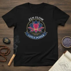Zen Flow Lotus Power t-shirt design featuring a pink and blue lotus flower in a circle with water below