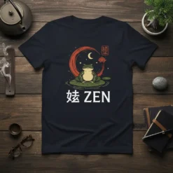 娃 ZEN frog design with Japanese characters and moon on a dark t-shirt, representing peace and meditation