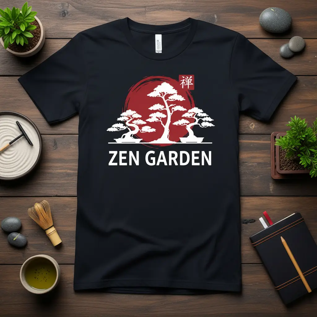 Zen Garden T-Shirt design featuring white bonsai trees and a red sun graphic with Japanese character