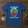 Zen Harmony Balance In Nature t-shirt with a stylized bonsai tree inside a sunset circle