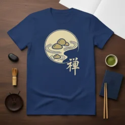 Zen Japanese Symbol T-Shirt featuring beige kanji for Zen and a circular graphic of stones in water