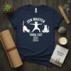 Zen Master Yoga Cat Mind Body Spirit text design on a navy blue t-shirt with cartoon cats in yoga poses