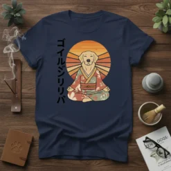 ゴールデンリバー design featuring a Golden Retriever meditating in a kimono with a Japanese sun graphic