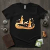 Monks walking with a dog on a flowing path, surrounded by lotus flowers and abstract shapes, Monks Walking Dog T-Shirt