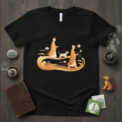 Monks walking with a dog on a flowing path, surrounded by lotus flowers and abstract shapes, Monks Walking Dog T-Shirt