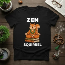 Zen Squirrel t-shirt design featuring a squirrel meditating on books, wearing a green bead necklace