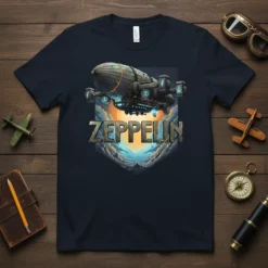 Zeppelin text graphic with a detailed illustration of a steampunk airship flying through dramatic clouds and sky