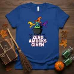 Zero Amucks Given Halloween t-shirt design with black cat, witch hats, and cauldron graphic
