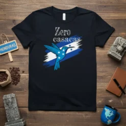 Black t-shirt with "Zero Casacas" text and a blue hummingbird in front of the Honduras flag