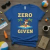 Zero Given t-shirt design with a fox relaxing in a hammock on a tropical island, palm trees, sunglasses, and beach
