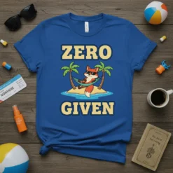Zero Given t-shirt design with a fox relaxing in a hammock on a tropical island, palm trees, sunglasses, and beach