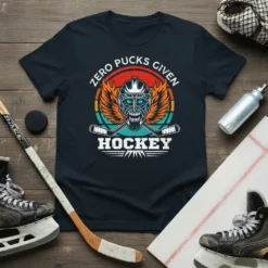 Zero Pucks Given Hockey T-Shirt featuring a goalie mask with wings and crossed hockey sticks