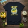 Sicily Zest the Days t-shirt design with yellow lemons and blue floral border