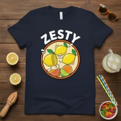 Zesty text above a circular design filled with lemons, grapefruit, and lime slices on a navy t-shirt