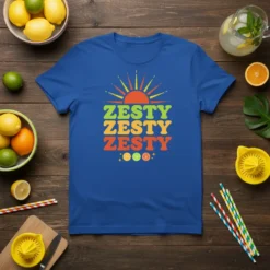 Zesty Zesty Zesty repeated text with a retro sun graphic and colorful citrus slices on a blue t-shirt