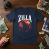 Navy blue t-shirt featuring the word ZILLA in white distressed font above a red and black graphic of a kaiju