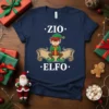 Navy blue t-shirt with white text "ZIO ELFO" and a cartoon elf holding a gift, perfect for Italian uncles