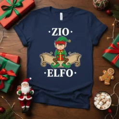 Navy blue t-shirt with white text "ZIO ELFO" and a cartoon elf holding a gift, perfect for Italian uncles