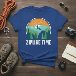 Zipline Time graphic t-shirt featuring a person ziplining over mountains with a sunset background