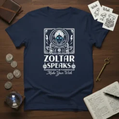 Zoltar Speaks Make Your Wish T-Shirt featuring a vintage fortune teller graphic and mystical symbols