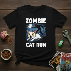 Zombie Cat Run t-shirt design featuring a white cat running from a zombie under a full moon