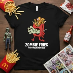 Black t-shirt with a cartoon zombie french fries design and the text "ZOMBIE FRIES UNDYINGLY DELICIOUS"