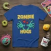Zombie Hugs t-shirt design with green zombie hands reaching out, surrounded by red hearts, and yellow text