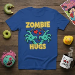 Zombie Hugs t-shirt design with green zombie hands reaching out, surrounded by red hearts, and yellow text