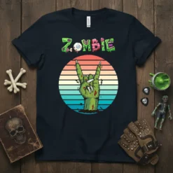 Zombie Rock Hand T-Shirt design with the word "Zombie" in a horror-themed font and a green zombie hand giving the