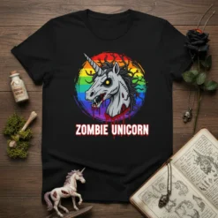 Zombie Unicorn Halloween T-Shirt with a detailed graphic of a zombie unicorn against a rainbow circle