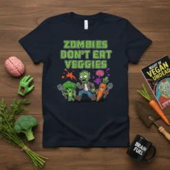 Zombies Don't Eat Veggies funny quote on a navy t-shirt with cartoon zombie, broccoli, and carrot characters