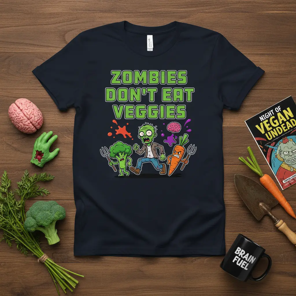 Zombies Don't Eat Veggies humorous quote with cartoon zombie, broccoli, and carrot on a t-shirt