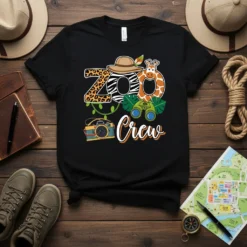 Zoo Crew t-shirt design with animal print letters, safari hat, giraffe, binoculars, and camera graphic