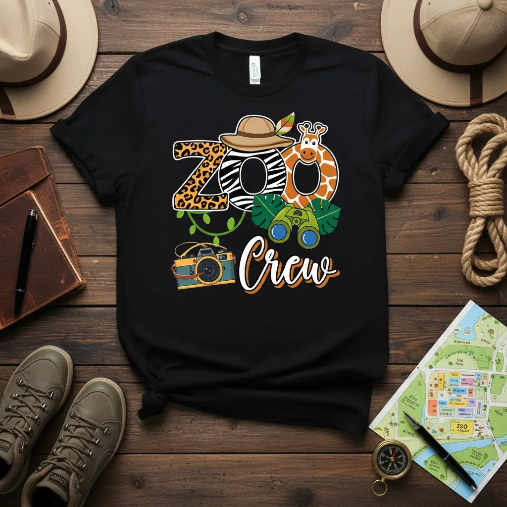 Zoo Crew design featuring animal print letters, safari hat, and jungle exploration graphics
