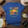 Blue t-shirt with "ZOO DAY" text, featuring a circular design of a giraffe, elephant, and smaller animals against a sunset