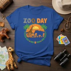 Blue t-shirt with "ZOO DAY" text, featuring a circular design of a giraffe, elephant, and smaller animals against a sunset