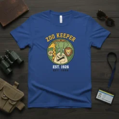 Blue t-shirt featuring a circular design with "Zoo Keeper Est 1926" text, giraffe, elephant, lion, and binoculars graphic