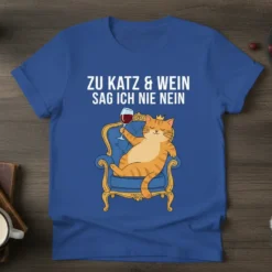 Zu Katz & Wein Sag Ich Nie Nein German quote with a cat drinking wine on a royal chair, royal