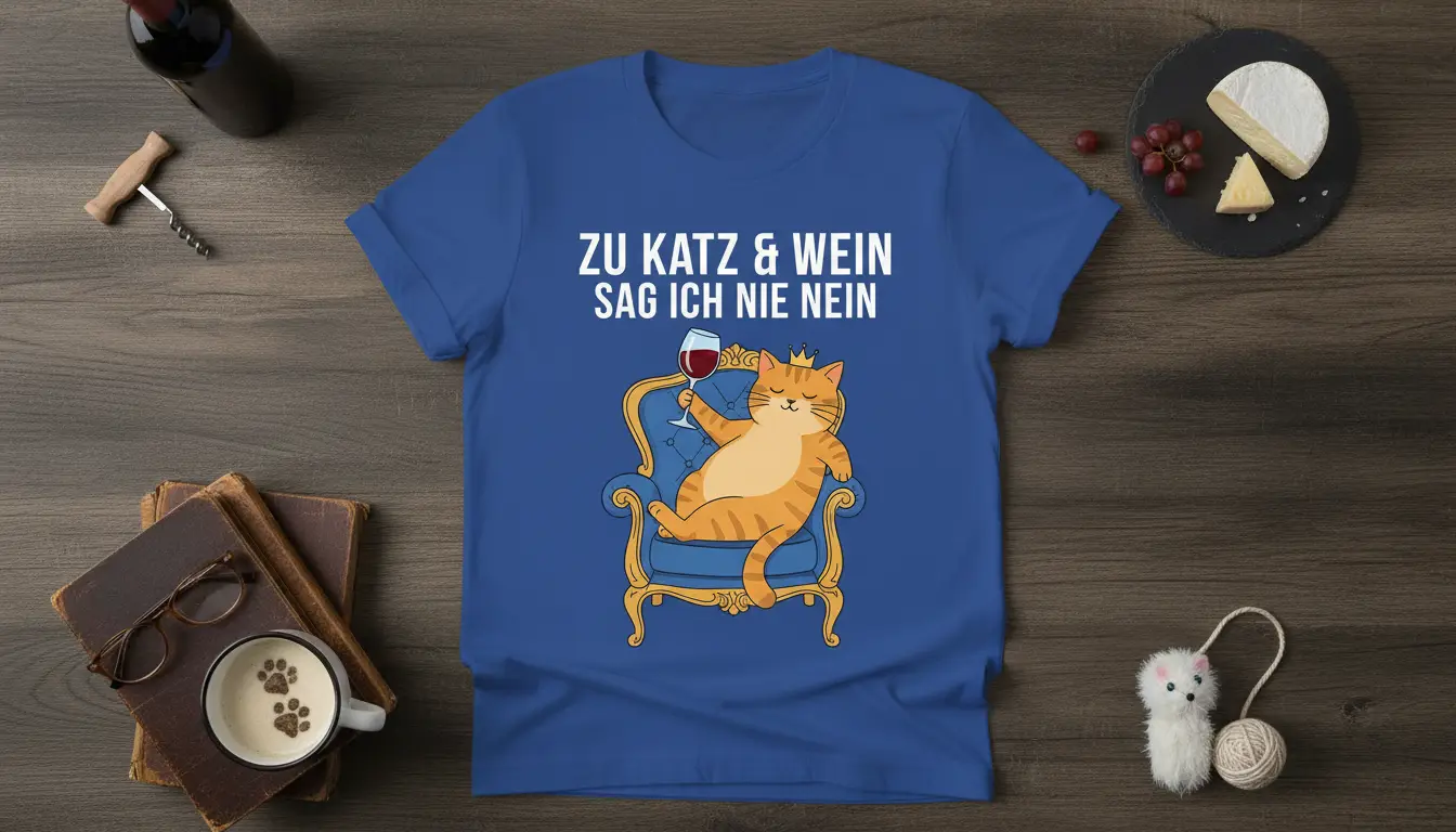 Zu Katz & Wein Sag Ich Nie Nein humorous German quote with a regal cat holding wine on a blue throne