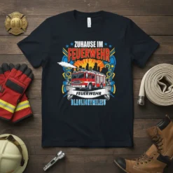 T-shirt design with German text "Zuhause im Feuerwehr Blaulichtmilieu" featuring a red fire truck and cityscape