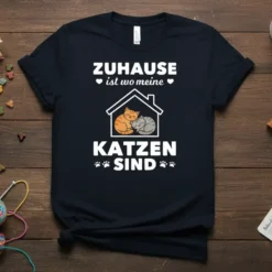 German "Zuhause ist wo meine Katzen sind" t-shirt design with two cats sleeping inside a house graphic and paw prints