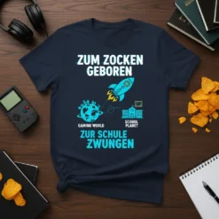 Zum Zocken Geboren Zur Schule Zwungen t-shirt design featuring a rocket flying from a gaming world globe to a school