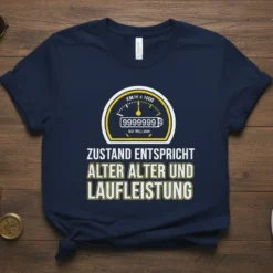 T-shirt with a vintage speedometer design and the German text "Zustand Entspricht Alter Alter Und Laufleistung" for car enthusiasts