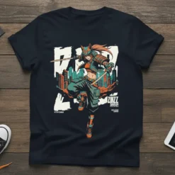 ZUZH ZIMELUP NAY SHIOI ZSHIM tee with a cyberpunk urban samurai design, featuring a female warrior in action